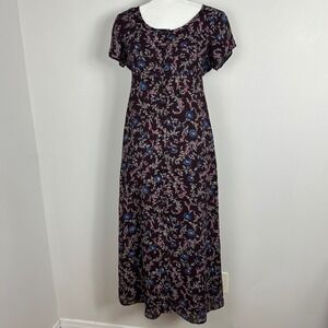 Vintage Braemar Dark Floral Romantic Maxi Dress Burungy Maroon Babydoll Tie Sz 8